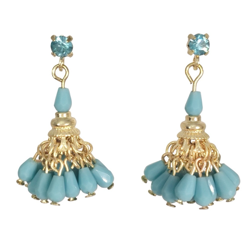 Aqua Blue Beaded Indian Style Gold Tone Drop Post Earrings